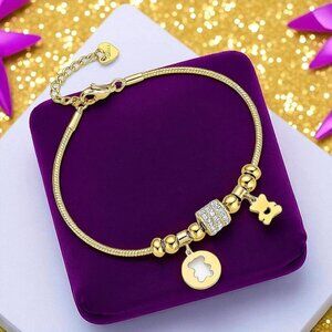 18K‎ Gold Plated Bear Charm Bracelet with Sparkling Rhinestones & Beads 💫🐻